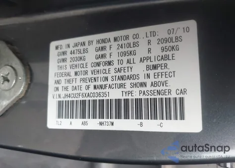 2010 Acura Tsx 2.4 from USA, damaged, VIN JH4CU2F6XAC036351